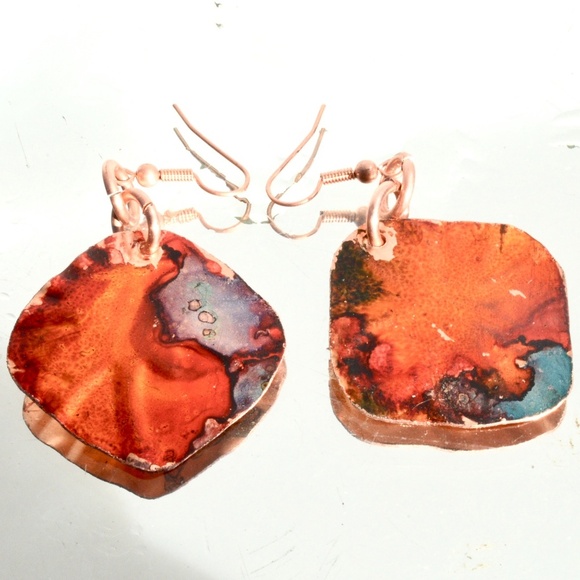 Modernist Red Blue Solid Copper Diamond Earrings Embossed Abstract Geometric - Picture 3 of 6